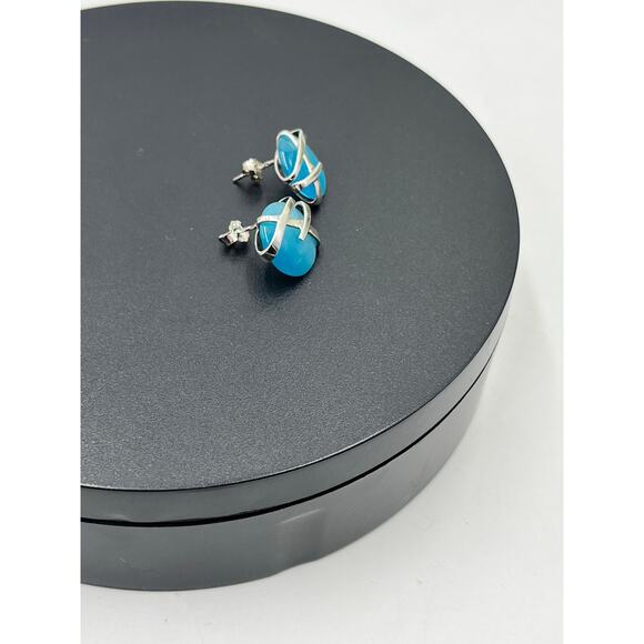 DOBBS 925 PE Sterling Silver Blue Stone Cabochon Pierced Earrings Vintage 5/8" - Picture 3 of 16